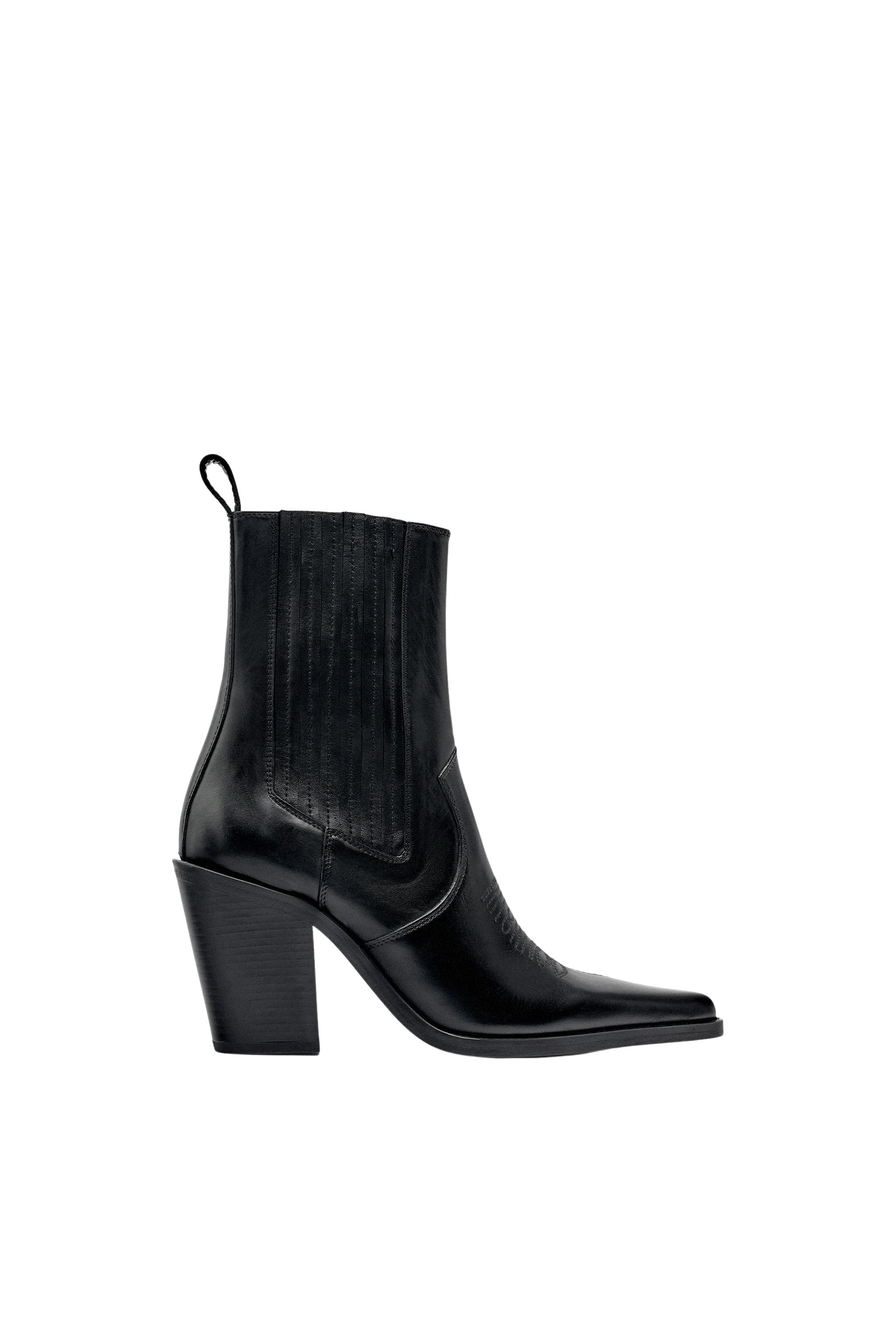 LEATHER HEELED COWBOY ANKLE BOOTS Black ZARA Spain